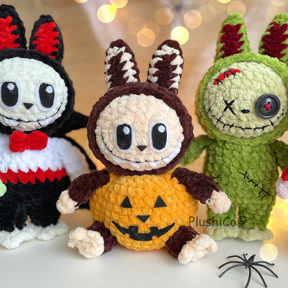 Halloween Crochet Bunny Pattern, Amigurumi Labubu Costume Frankenstein, Dracula, Pumpkin, Zombie, Devil (PDF Tutorial)