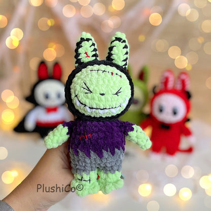 Halloween Crochet Bunny Pattern, Amigurumi Labubu Costume Frankenstein, Dracula, Pumpkin, Zombie, Devil (PDF Tutorial)