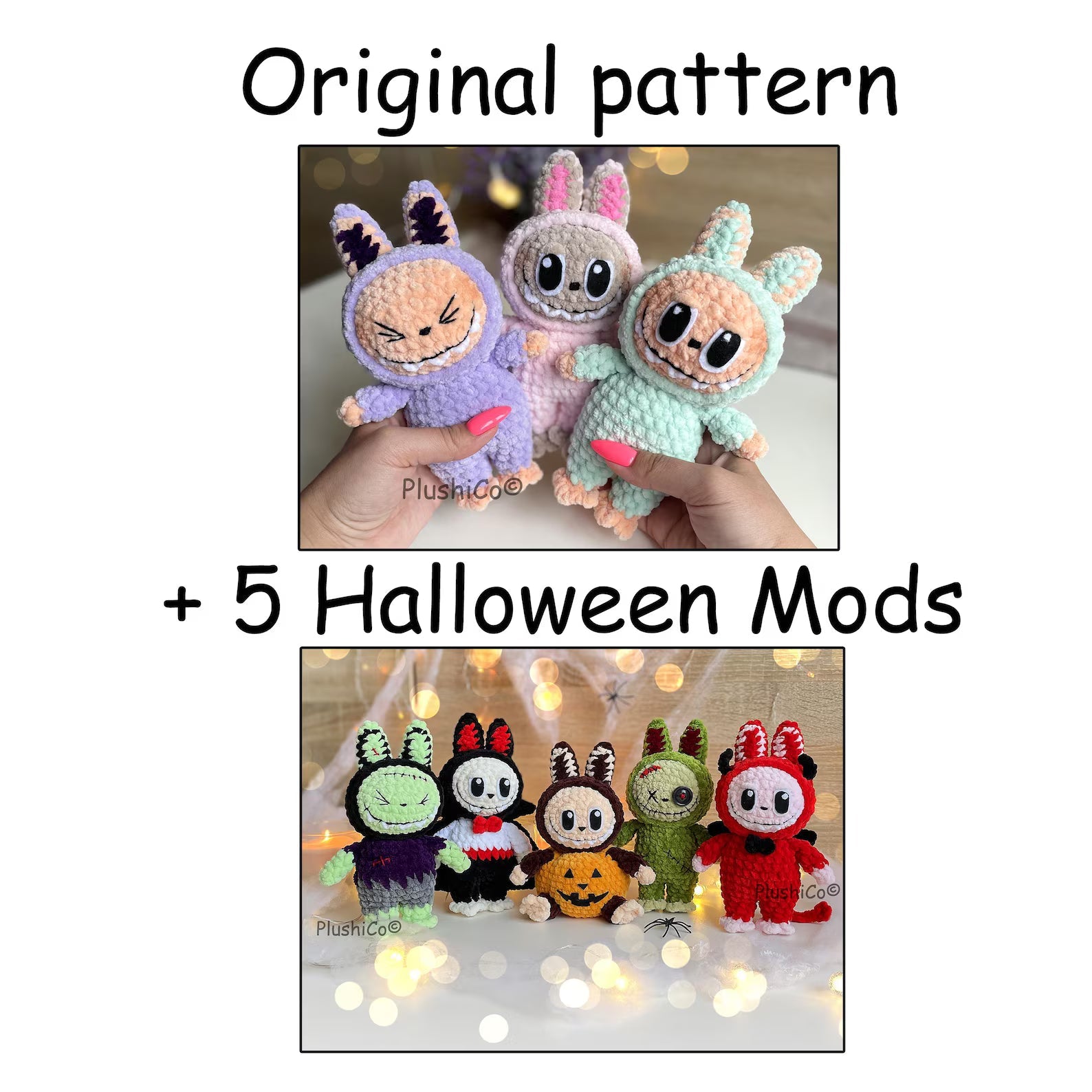 Halloween Crochet Bunny Pattern, Amigurumi Labubu Costume Frankenstein, Dracula, Pumpkin, Zombie, Devil (PDF Tutorial)