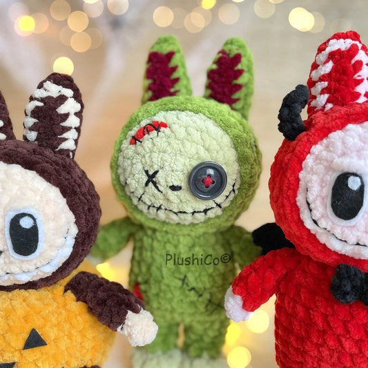 Halloween Crochet Bunny Pattern, Amigurumi Labubu Costume Frankenstein, Dracula, Pumpkin, Zombie, Devil (PDF Tutorial)