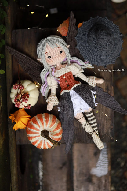 Halloween Witch Fairy Crochet Doll Pattern, Myrella Amigurumi Doll PDF, Crochet Pattern in English, French, German, Spanish, Portuguese