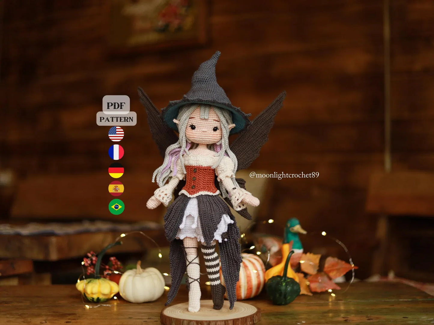 Halloween Witch Fairy Crochet Doll Pattern, Myrella Amigurumi Doll PDF, Crochet Pattern in English, French, German, Spanish, Portuguese